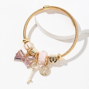 Gold Plated Steel Wire Charm Bracelet For Women Alloy Rhinestone Bow Key Tree Of Life Heart Pendant Bangle