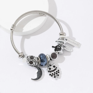 Stainless Steel Wire Bangle Bracelet With Owl Moon Charms Rhinestone Beaded Handmade Tag Jewelry For Women