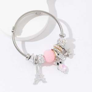 Bracelet à breloques DIY avec pendentifs Tour Eiffel et hibou sur acier inoxydable
