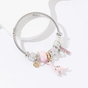 Stainless Steel Wire Charm Bracelet With Dinosaur Pendant Colorful Beads Enamel Flower Rhinestone Open Cuff For Women