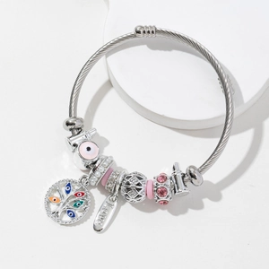 Tree Of Life Evil Eye Charm Bracelet Stainless Steel Wire Alloy Rhinestone Enamel Adjustable Jewelry For Women