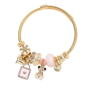 Adjustable golden spiral bracelet with pink heart lock, bear charm and crystal beads