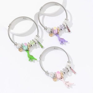 DIY stainless steel wire bracelets with dinosaur charms and colorful beads for women