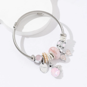 DIY Charm Bangle Stainless Steel Wire Bracelet With Swan Bow Pendants And Beads Sweet Romantic Jewelry For Women Princess