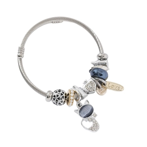 Silver stainless steel cable charm bracelet with cat pendant and blue beads on white back