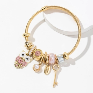 Owl Charm Bracelet Alloy Gold Plated Steel Wire Adjustable Bangle With Shell Artificial Pearl Key Love Pendants For Women Fashion