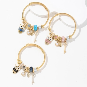 Golden owl owl wire rope bracelet set with pearl shell charms and love heart tags