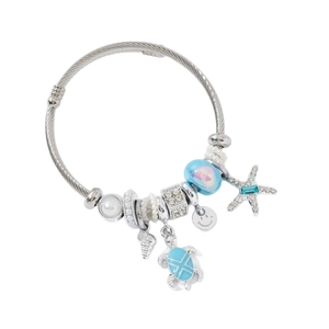 Adjustable stainless steel ocean charm bracelet with starfish, turtle and blue beads