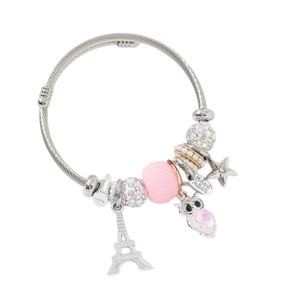 Bracelet à breloques DIY avec Tour Eiffel, hibou, perles roses et pendentif cœur