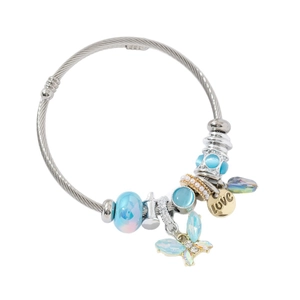 Bracelet ajustable en fil d'acier avec papillon bleu et pendentif gravé d'amour