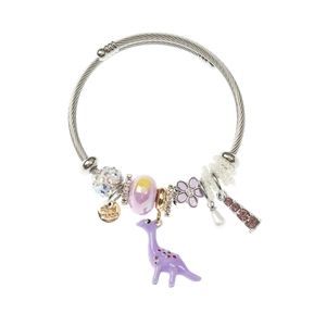 Silver stainless steel open bangle with purple dinosaur, floral charms and crystal beads