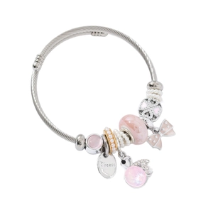 Silver stainless steel charm bracelet with pink beads, swan pendant and Princess engraving
