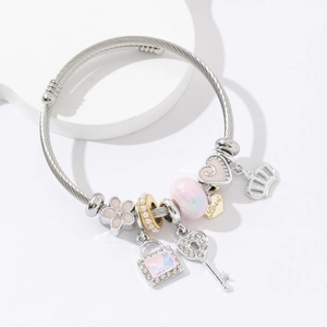 Stainless Steel Wire Charm Bangle Bracelet Heart Key Lock Crown Flower Glass Beads Jewelry For Women