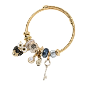 Golden owl charm bracelet with pearl shell and key pendants on twisted wire cable
