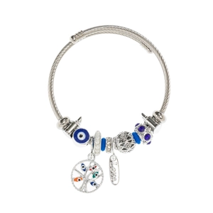 Adjustable stainless steel wire bracelet with Tree of Life and blue Evil Eye charms