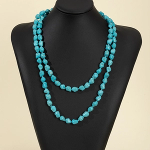 Vintage Irregular Turquoise Beaded Necklace Long Layered Handmade Knotted Sweater Chain Bohemian Ethnic Jewelry For Women