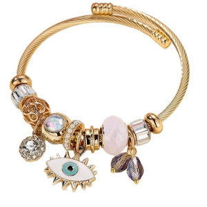 Adjustable evil eye charm bracelet with gold steel rope chain and colorful crystals