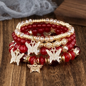 Bracelet Perles Multi Rangs Bohème Alliage Perle En Verre Papillon Charmes Élastique Bijoux Vintage Ethniques Femmes