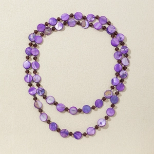 Bohemian double-layer long necklace with deep purple shell discs and crystal beads
