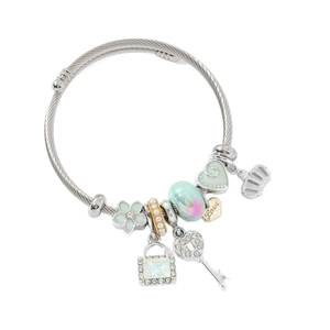 Silver stainless steel charm bracelet featuring mint heart and crown pendants