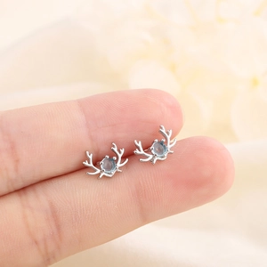 Reindeer Antler Stud Earrings Copper Silver Plated Blue Faux Moonstone Animal Jewelry For Women Girls Simple Elegant