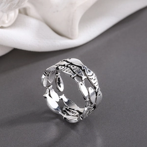 Retro Oxidized Silver Plated Copper Adjustable Ring Vintage Little Fish Design Ethnic Jewelry For Women And Men