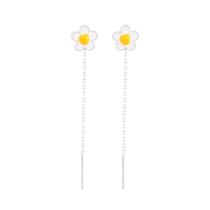 Elegant white daisy flower tassel earrings with fine silver chains and long needle drops