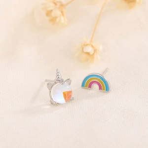 Asymmetric S925 silver unicorn and rainbow stud earrings with moonstone accents