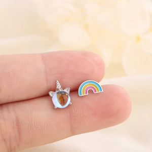Unicorn And Rainbow Asymmetric Stud Earrings Copper Enamel Synthetic Moonstone Jewelry For Women