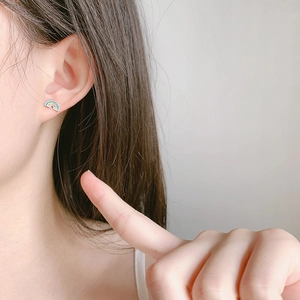 Minimalist S925 sterling silver rainbow unicorn earrings with asymmetrical moonstone design