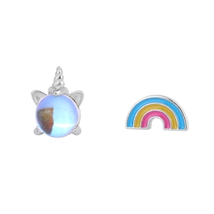 Asymmetric S925 silver unicorn and rainbow stud earrings with moonstone gem