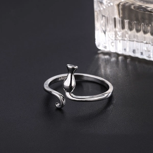 Minimalist 925 sterling silver cat open ring for women with adjustable sleek band