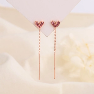 Rosa Herz-Ohrhänger in Roségold S925 Sterlingsilber mit langer Quastenkette