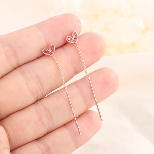 Rosa Herz Lange Ohrfaden Ohrringe Kupfer Mit 925 Sterling Silber Ohrstecker Süßer Zirkon Schmuck Für Damen