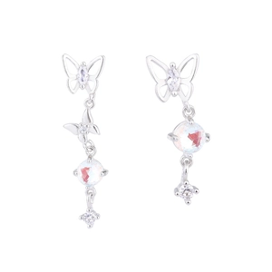 Asymmetrische S925 Silber Schmetterling Quasten Ohrringe mit Mondstein und Zirkonia