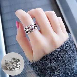 Retro S925 sterling silver open ring featuring three layers of vintage carved fish