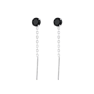 Detail of S925 silver long chain earrings with round black zircon and minimalist linear bar