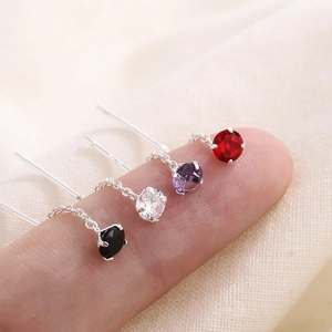 Minimalist S925 silver tassel drop earrings with colorful zircon stones in four colors