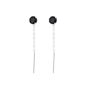 S925 silver long tassel earrings with round black zircon studs on a white background