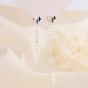 Elegant S925 silver thread earrings featuring colorful rainbow heart-shaped charms