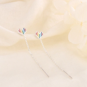 S925 silver threader earrings with colorful rainbow heart pendants and long chains