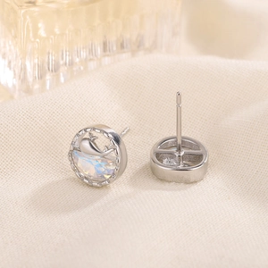 Elegant whale studs in silver finish featuring iridescent opal stones and minimalist design