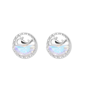 Elegant silver whale stud earrings with iridescent opal stones on white background