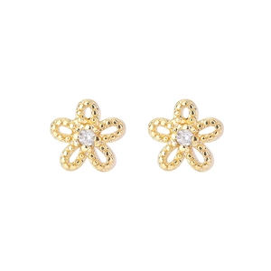 Exquisite gold floral stud earrings with hollow petals and central sparkling cubic zirconia
