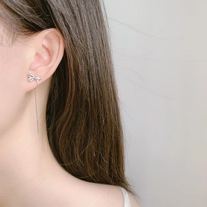Elegant silver bow tassel earrings with micro-set zircon on long hanging metal chains