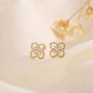 Hollow Four Leaf Clover Stud Earrings Copper Zircon Gold Plated With 925 Sterling Silver Earring Post For Women