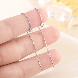 Elegant S925 sterling silver long box chain earrings with polished ball minimalist style