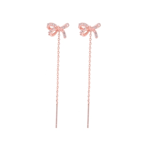 Elegant rose gold bow earrings with long tassels and sparkling zircon micro-pave crystals