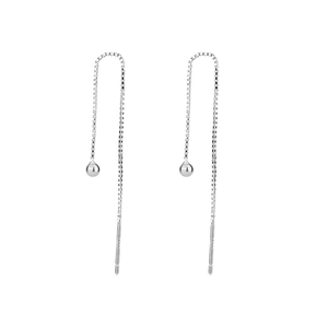 Minimalist S925 sterling silver box chain earrings with polished ball drop on white background