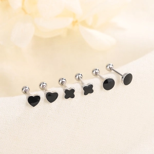 Boucles D'oreilles Géométriques Coeur Trèfle Noir Cuivre Émail Fermoir À Vis Bijoux Minimalistes Pour Femmes